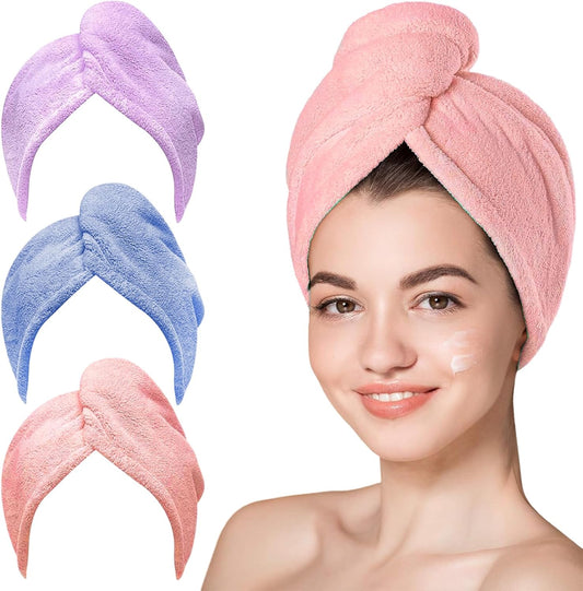 Microfiber Hair Towel Turban 3 Pack | Super Absorbent Quick Drying Hair Wrap for Women with Curly Hair | Anti Frizz Hair Towel Cap for Wet Hair(Bule,Purple,Orange)