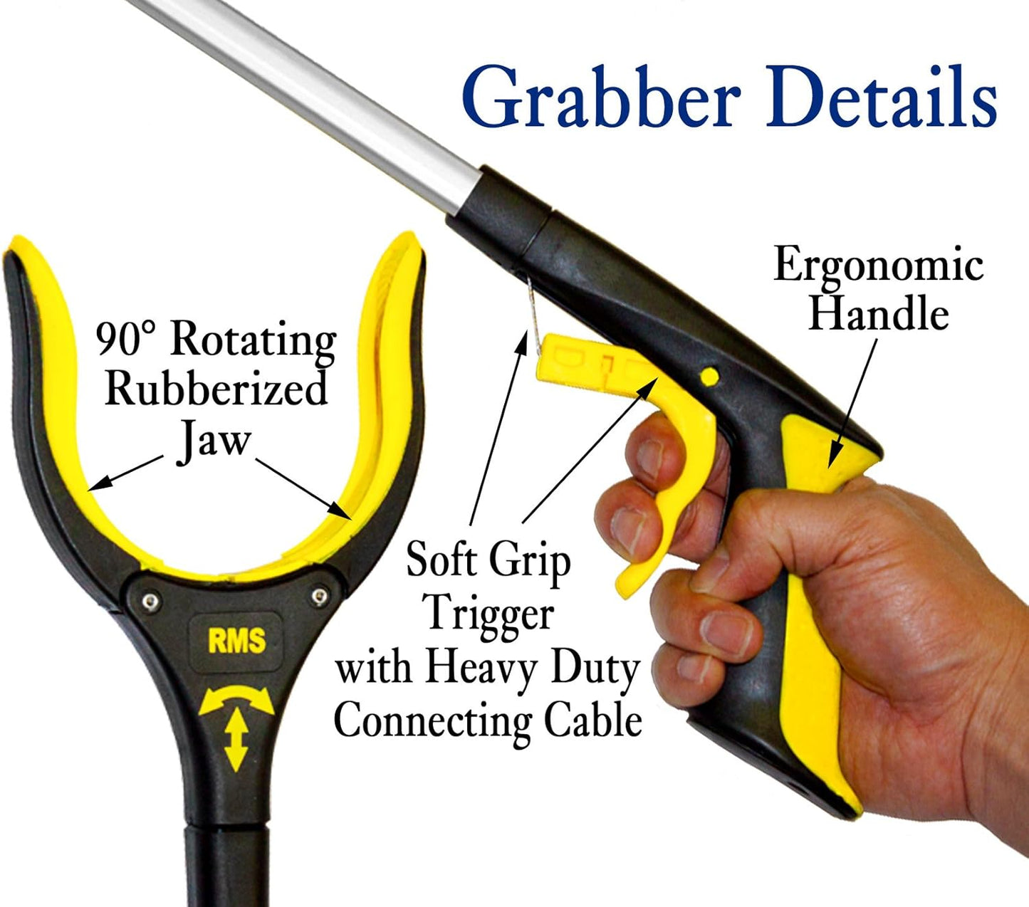 RMS 2-Pack 34 Inch Extra Long Grabber Reacher with Rotating Jaw - Mobility Aid Reaching Assist Tool (Yellow)