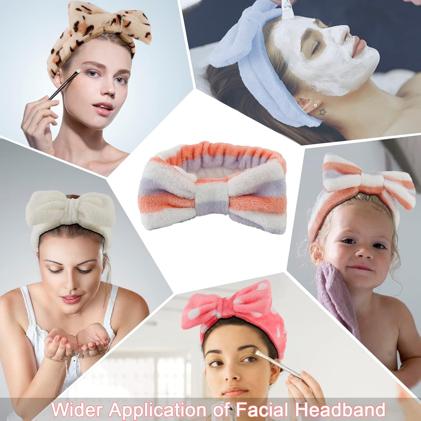 Ondder 8 Pack Spa Headbands for Face Washing - Fluffy Shower Cosmetic Face Wash Head Bands for Women & Girls - Leopard & Polka Dot Solid Color