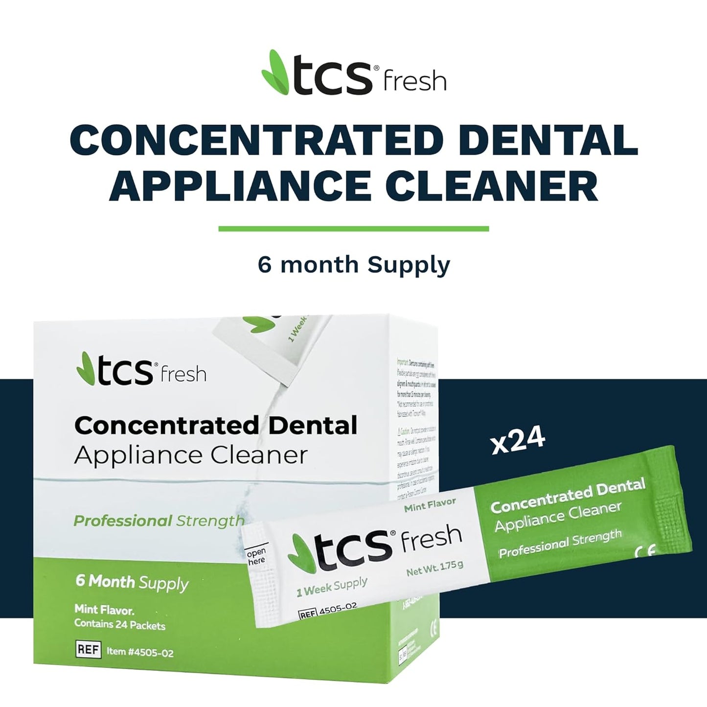 TCS Fresh Dental Appliance Cleaner, 24 Count Professional Strength Concentrated Cleanser Powder - Flexible Partial Cleaners, Denture Cleaner & Dental Night Guard Cleaner, Mint Flavor (6 Month Supply)