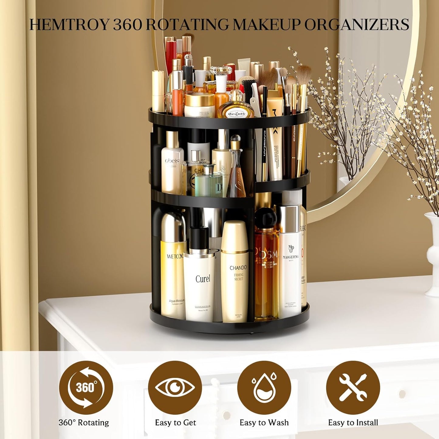 Makeup Organizer 360 rotating, Adjustable Skincare Organizers with Brush Holder, Cosmetics Display Cases for Vanity Bathroom Countertop Large Capacity Carousel Make up Caddy Shelf (Black)