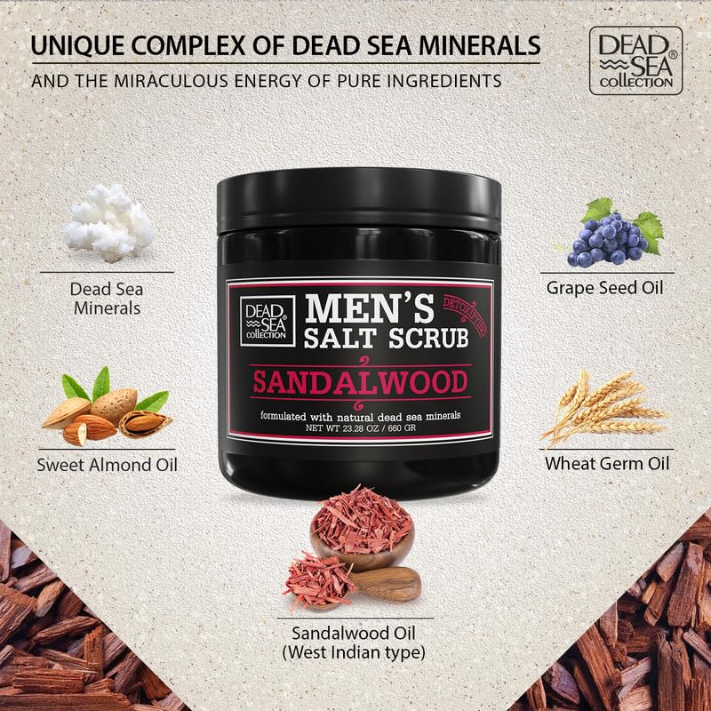 Salt Body Scrub Sandalwood For Men – Moisturizes, Exfoliates & Nourishes Skin – Cleanses & Detoxifies with Dead Sea Minerals - Dead Sea Collection – 23.28 OZ