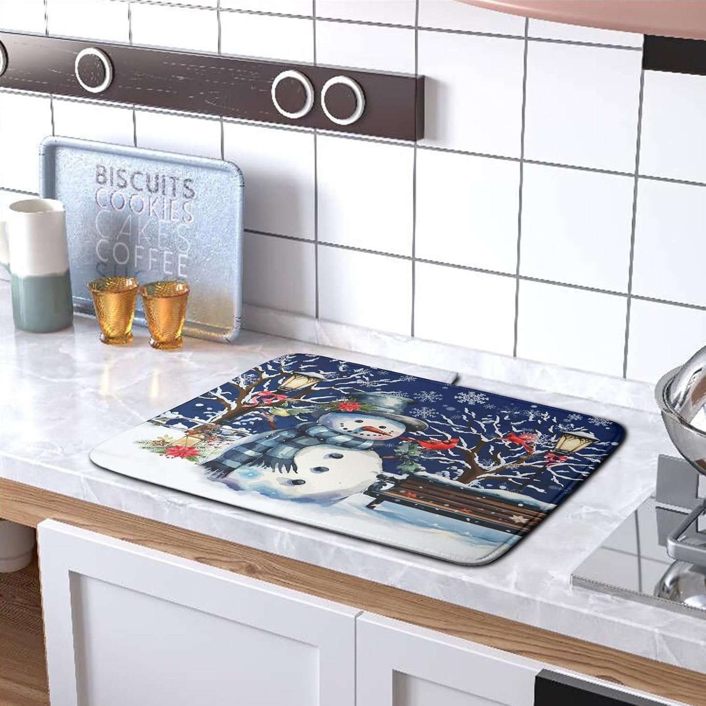 Winter Snowman Dish Drying Mat for Kitchen Counter 18x24, Xmas Snowflakes Dish Drainer Mat Snowy Night Drying Kitchen Mats Cardinal Birld Dish Pad Absorbent Reversible Coffee Mats for Dishes