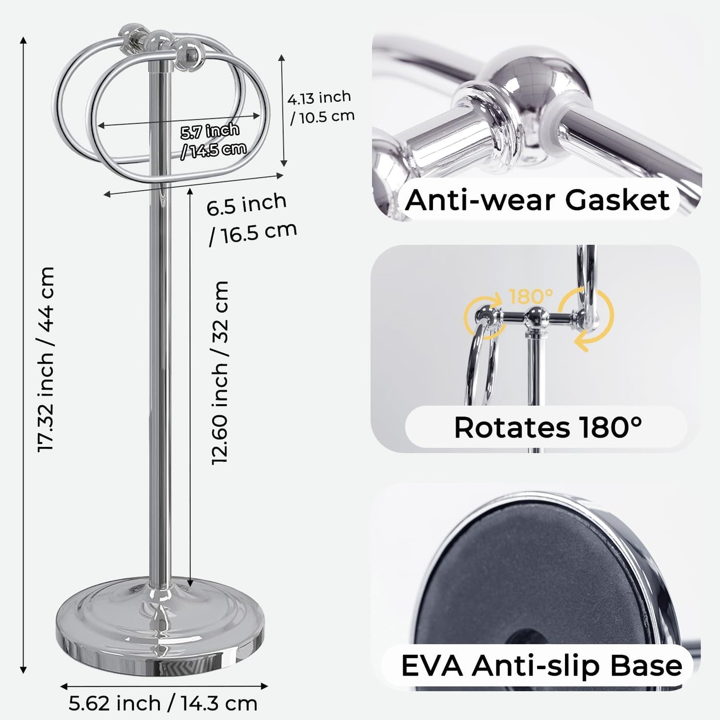 17 Inch Stainless Steel Hand Towel Holder Double Stand Hand Towel Ring for Washcloths or dishcloths Non-Slip Base Free Standing Towel Rack for Bathroom Kitchen (Chrome)