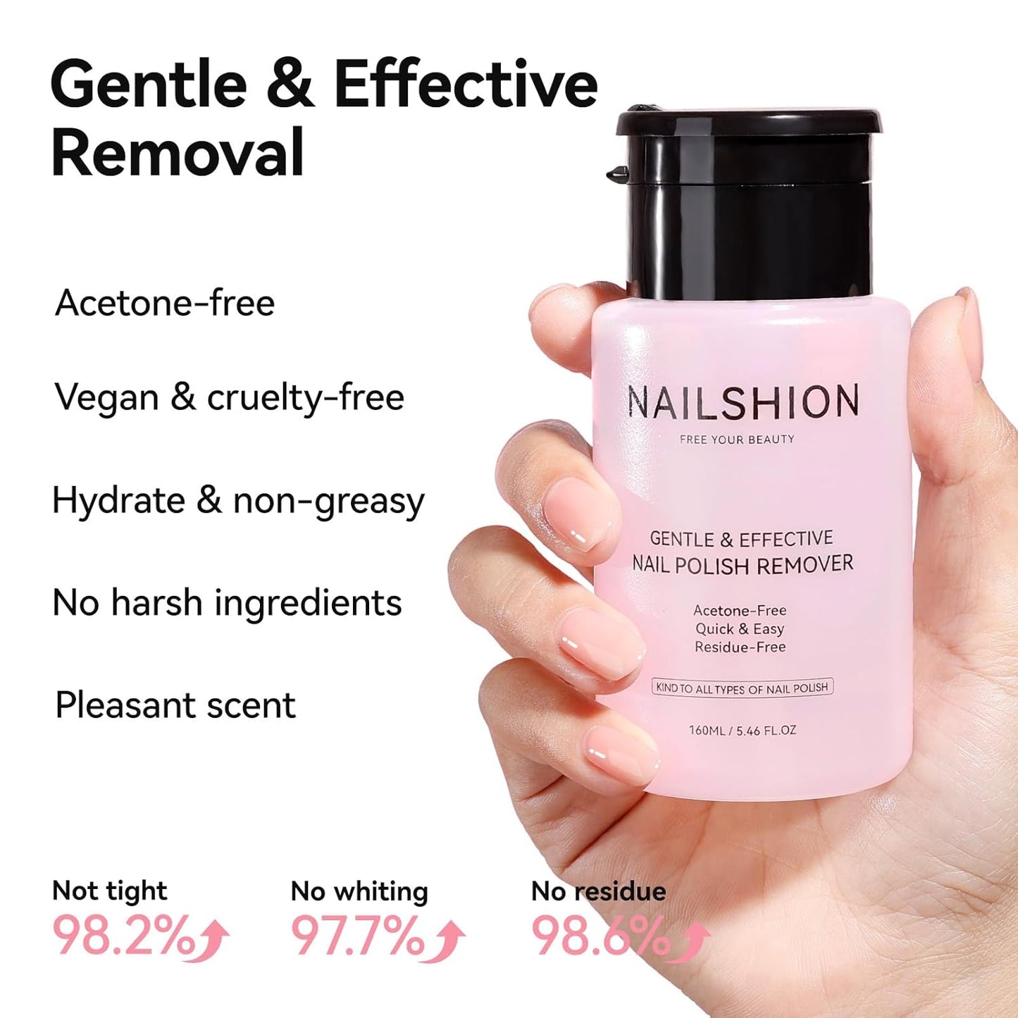 Nail Polish Remover, Non-acetone, 5s Quick Remove Regular Nail Polishes, Healthy Gentle Fingernail Polish Remover Built-in Pump, 5.46 Fl oz Cherry Blossom Scent, VE Formula No Drying Out