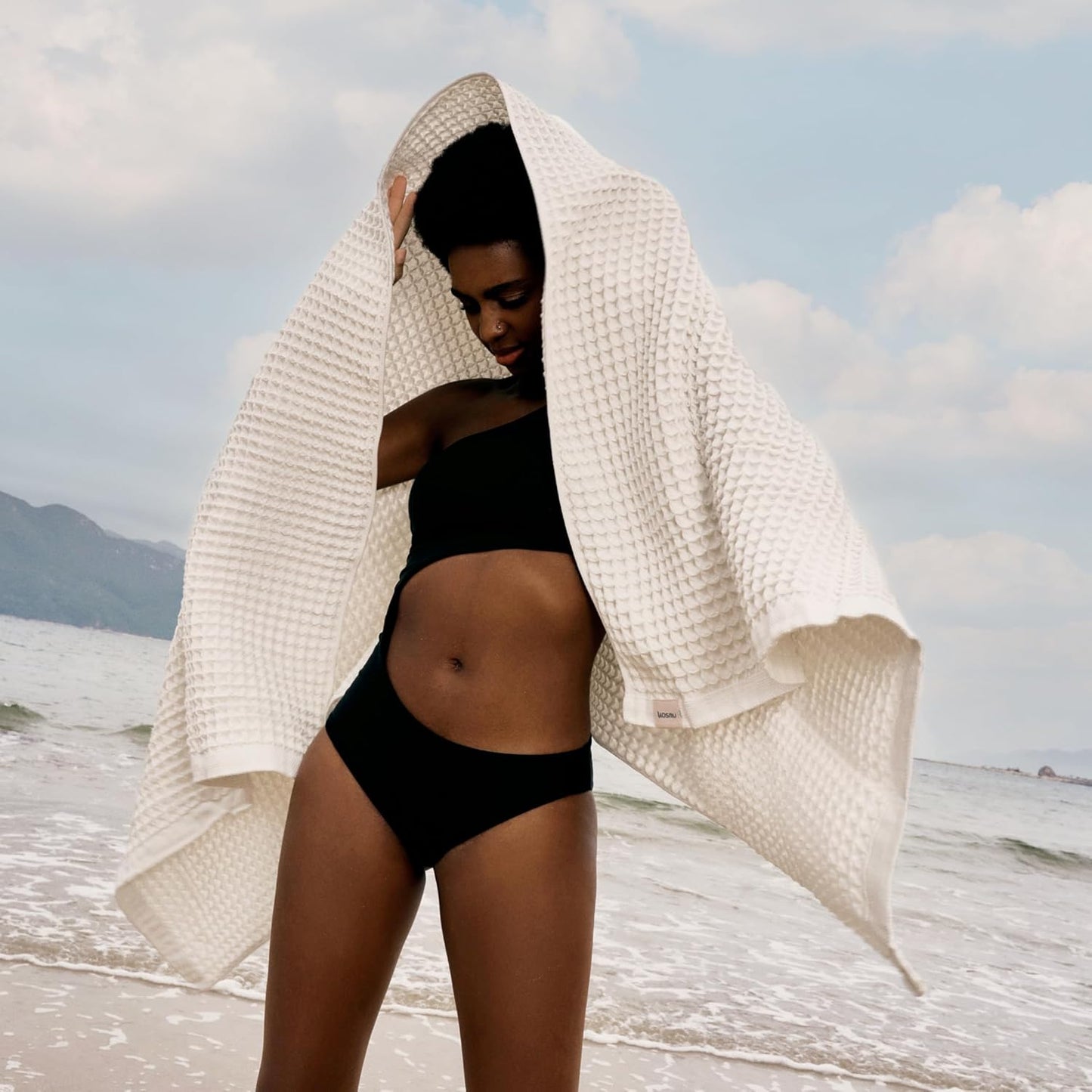 Luxury Japanese Cotton Waffle Bath Towel | Plush, Absorbent, and Quick Dry | Free Storage Bag Included (Shell White, Bath Towel Set (3-Piece))