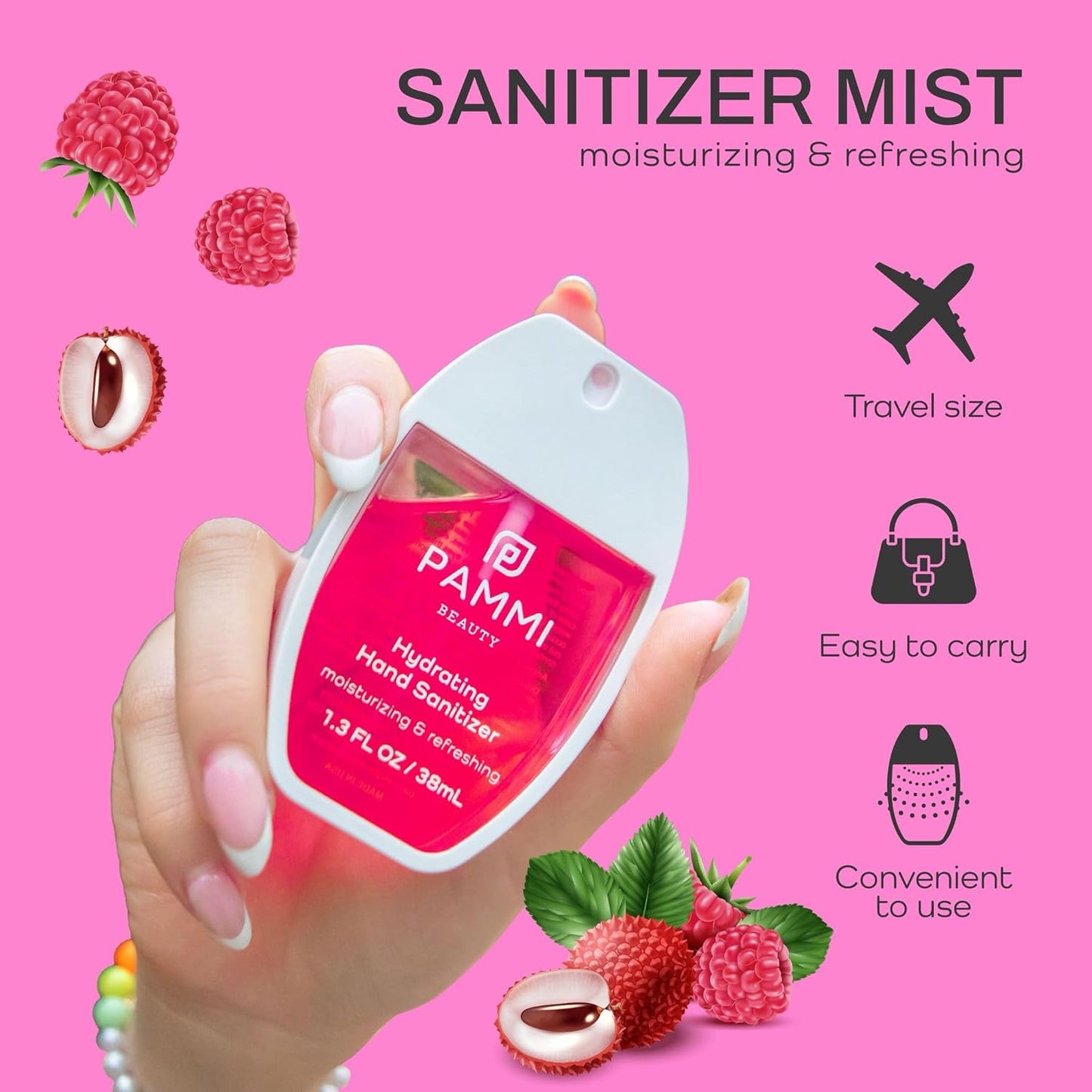 PAMMI Power Mist Hydrating Hand Sanitizer Spray, Portable Travel Size Pocket Hand Sanitizer, Scented Handsanitizer Mini Spray For Car - 600 Sprays (2 Packs (Raspberry Lychee, Strawberry Watermelon))