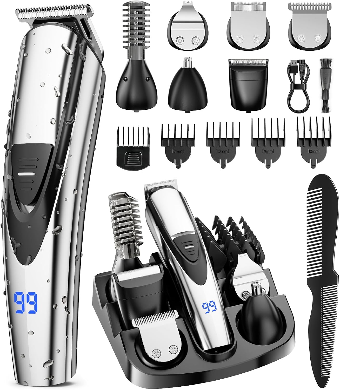 SHPAVVER Electric Beard Trimmer for Men: 16-in-1 Professional Barber Hair Clippers - Cordless Grooming Kit - Turbo Speed & Precision Blades, Silver