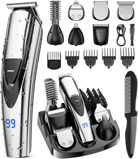 SHPAVVER Electric Beard Trimmer for Men: 16-in-1 Professional Barber Hair Clippers - Cordless Grooming Kit - Turbo Speed & Precision Blades, Silver
