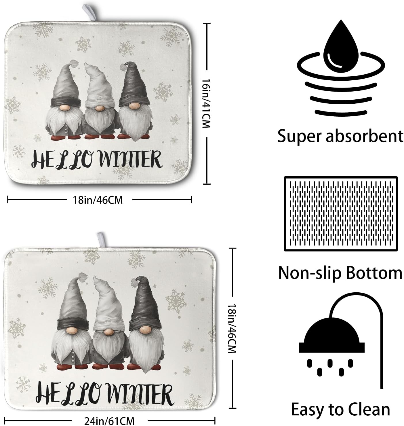 Winter Gnome Dish Drying Mat for Kitchen Counter 18x24 Christmas Snowflakes Santa Kitchen Drying Mat Hello Winter Dish Drainer Mat Super Absorbent Dish Rack Mat for Coffee Bar Countertop