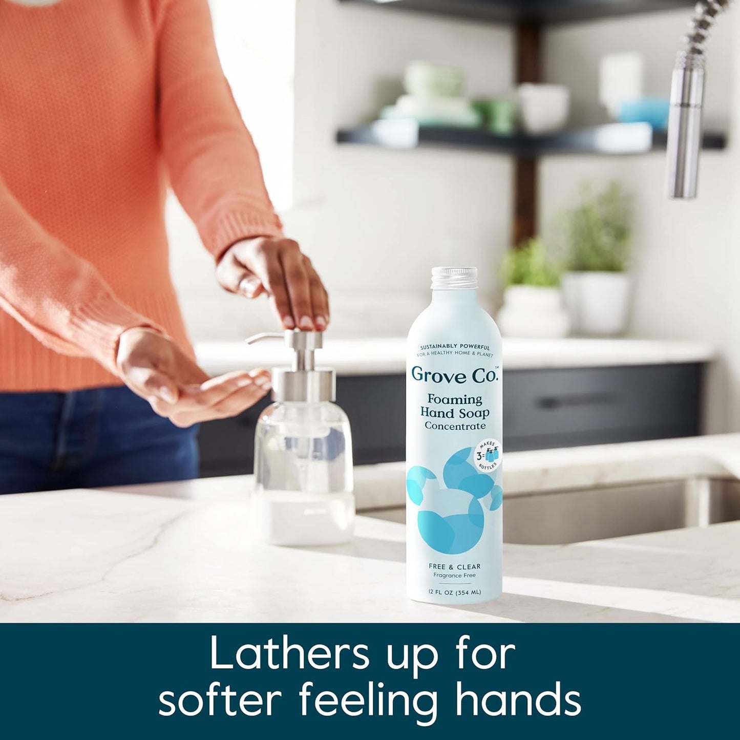 Grove Co. Foaming Hand Soap Concentrate (12 Fl Oz) + Reuseable Glass Soap Dispenser, Plastic Free and Liquid Refillable Starter Kit, Free & Clear Unscented