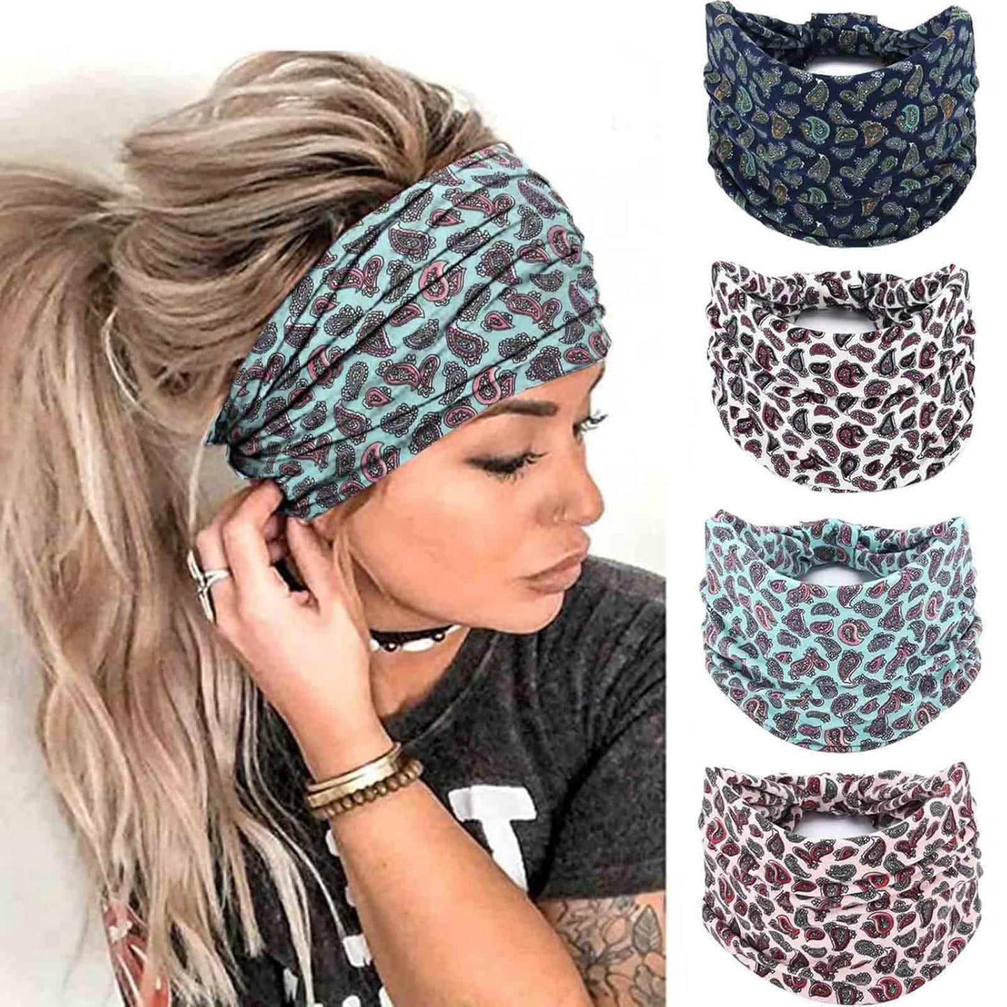 Acenail Wide Headbands Women Knotted Turban Headband Elastic Non Slip Hairbands Floral Workout Head Bands Yoga Cotton Hair Scarfs Boho Head Wraps Fashion Hair Accessories for Women 4Pcs(Chic)
