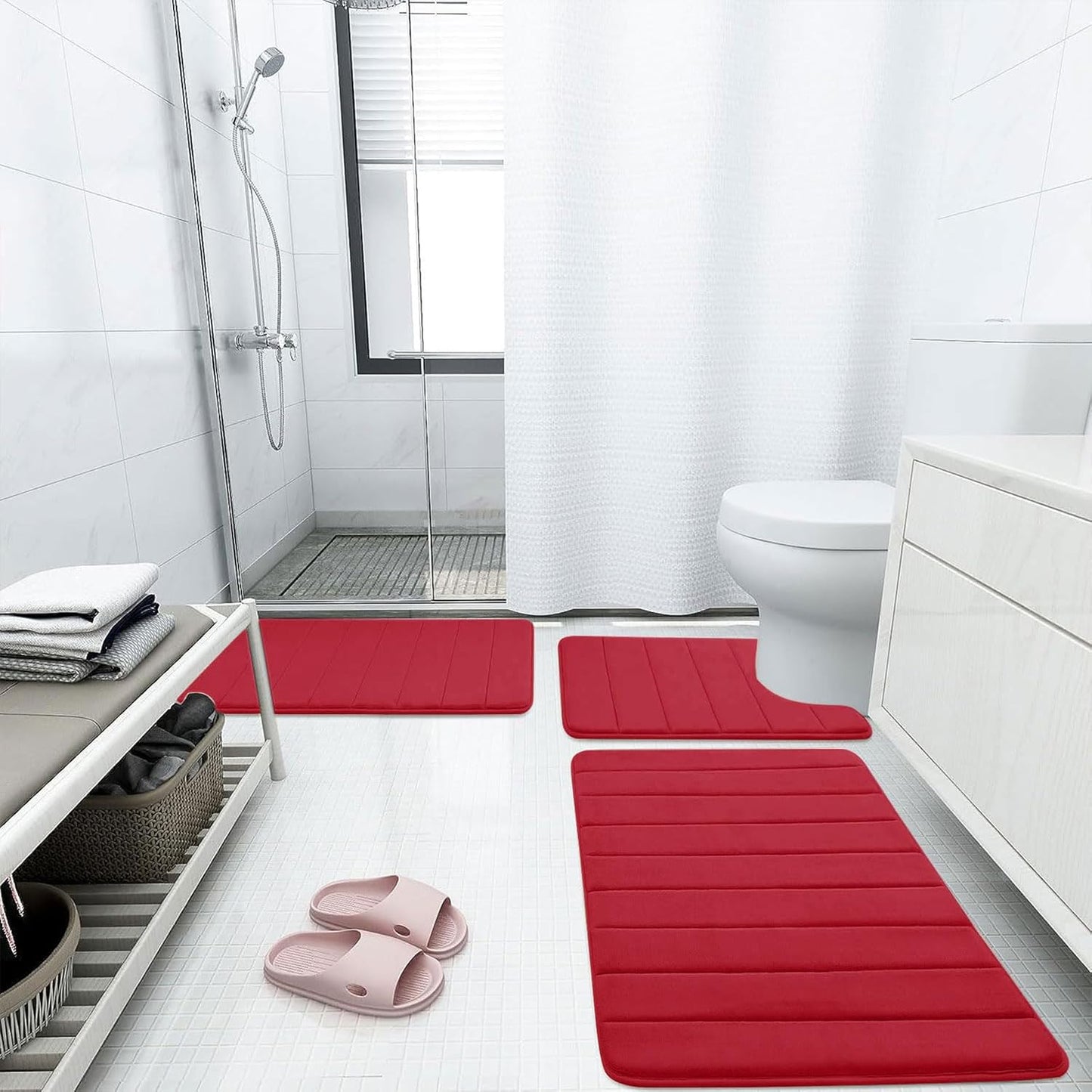 Buganda Memory Foam Bath Mat, 59" x 20", Ultra Soft and Non-Slip Bathroom Rugs, Water Absorbent and Machine Washable Bath Rug Runner for Bathroom, Shower, and Tub, Red