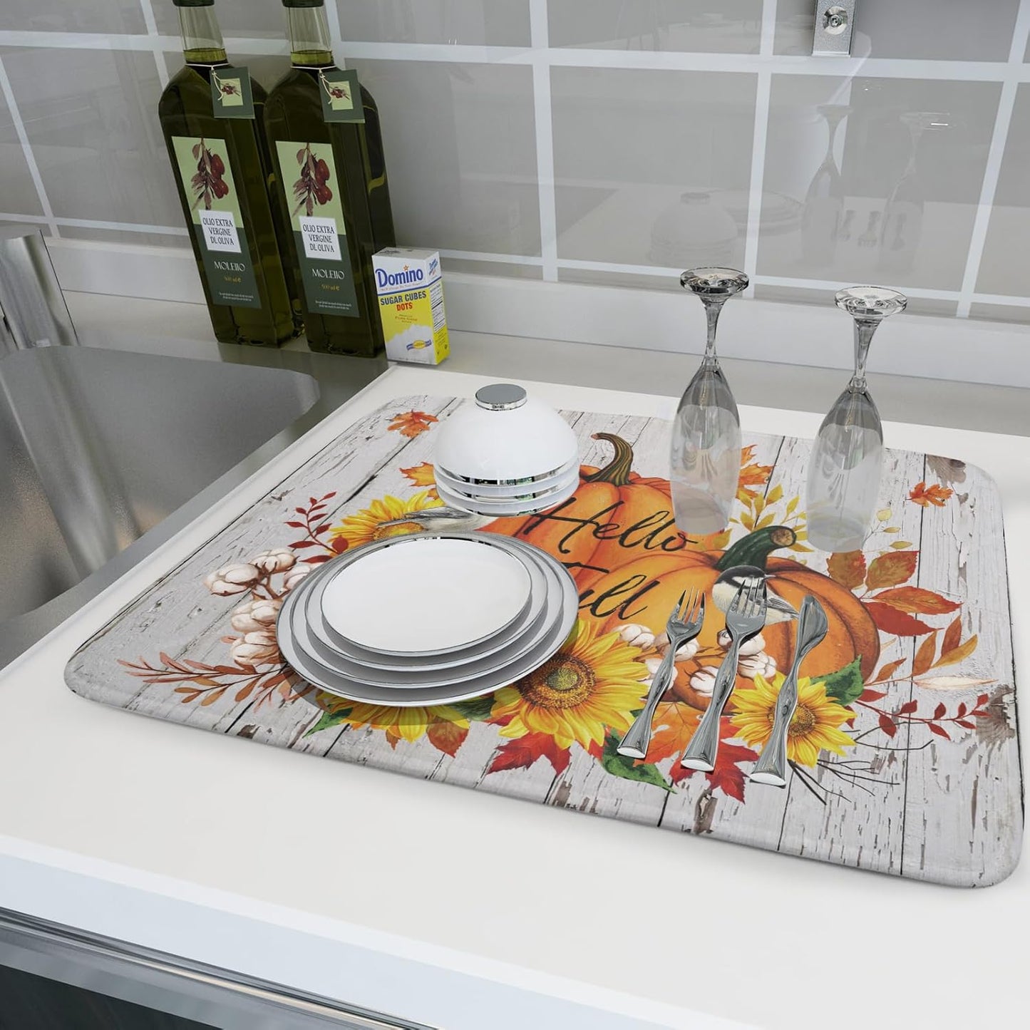 Hello Fall Dish Drying Mat for Kitchen Counter 18x24 Inch Orange Pumpkin Absorbent Drying Pad with Hanging Loop Autumn Home Decoration