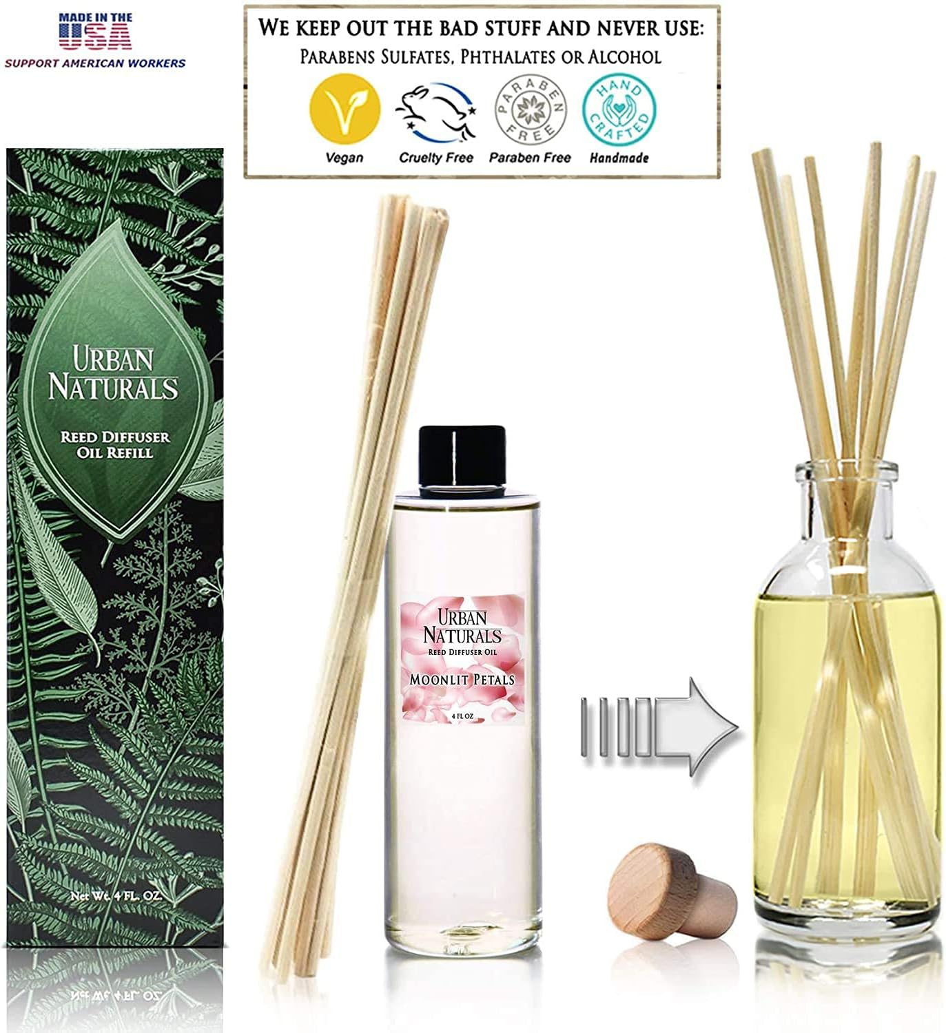 Urban Naturals Moonlit Petals Scented Oil Reed Diffuser Refill | Includes a Free Set of Reed Sticks! Magnolias, Peonies, Daisies, Honeysuckle, Pear & Rosewood | 4 oz