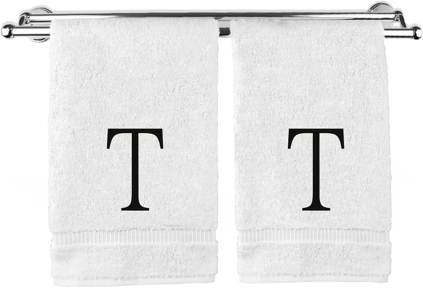 Monogrammed Hand Towel, Personalized Initial Gift, Extra Absorbent 100% Turkish Cotton - Soft Terry Finish - Set of 2 - Black Block Initial T - Embroidered on White Towels