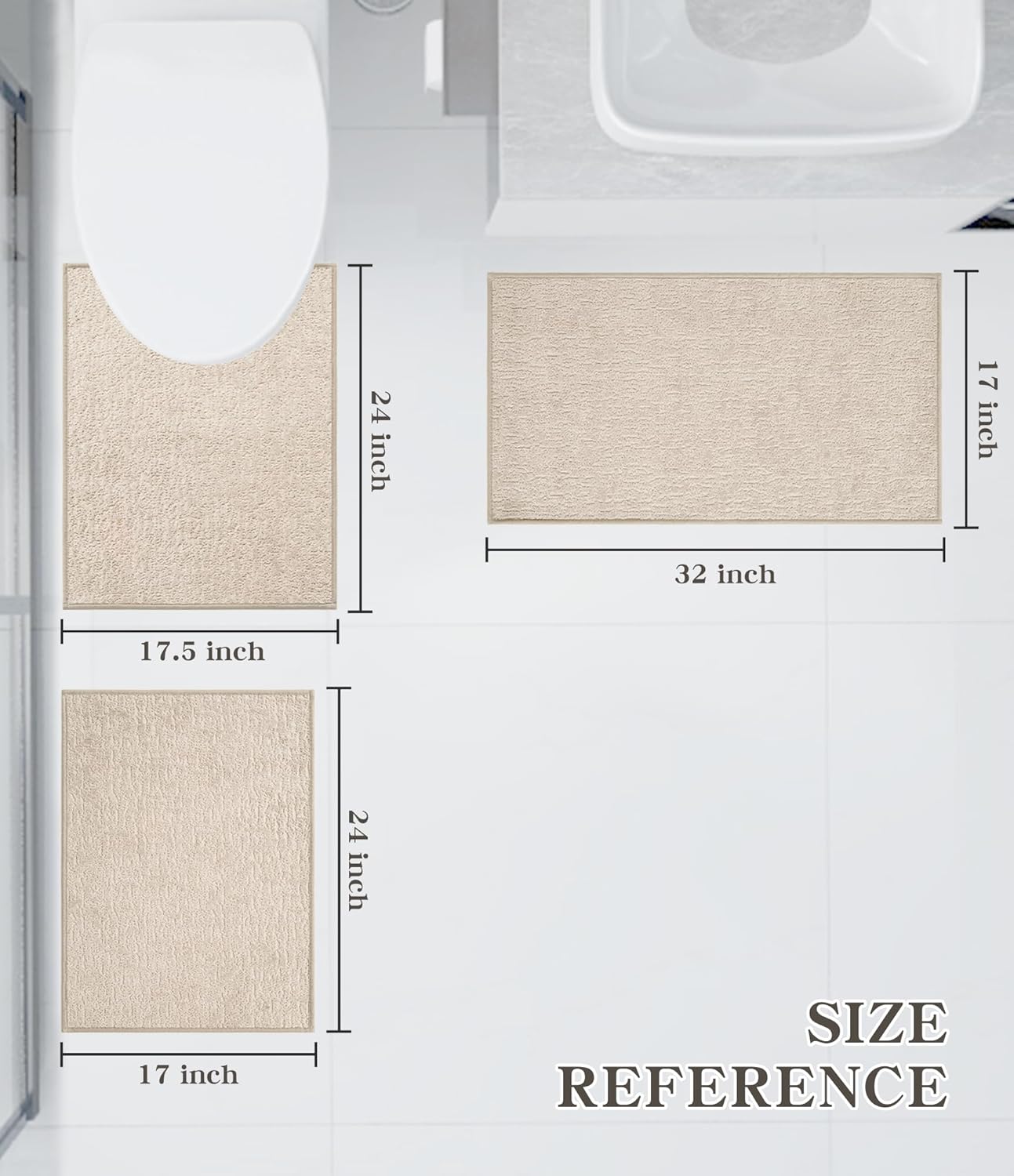 chakme Bathroom Rug Sets 3 Piece, Ultra Thin Bath Mat Quick Dry Bath Mat, Absorbent Bath Mats for Bathroom Non Slip Machine Washable, (Light Beige)