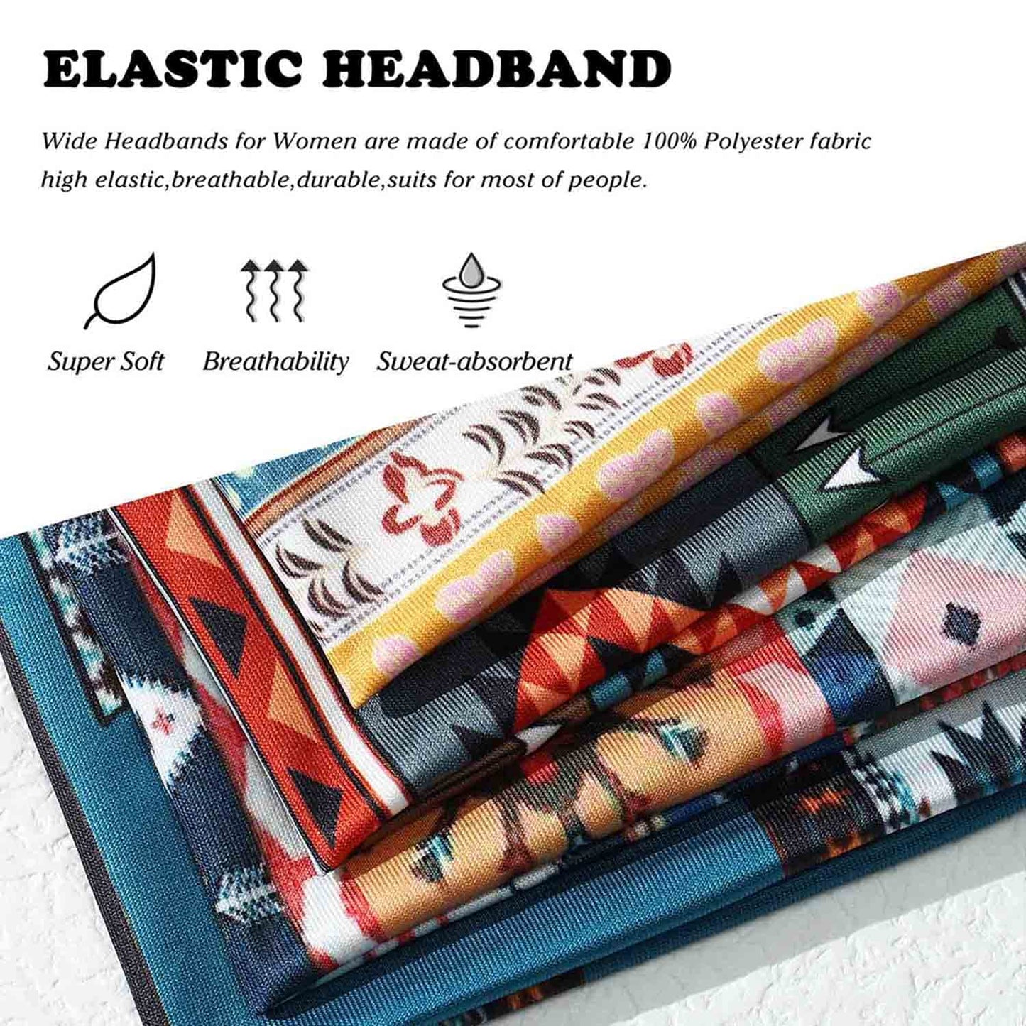 Olbye Boho Headbands Women Wide Head Bands Turban Elastic Nonslip Hairbands Workout Yoga Hair Scarfs Running Sweatband African Bohemian Head Wraps Fashion Hair Accessories for Women (G-Printing)