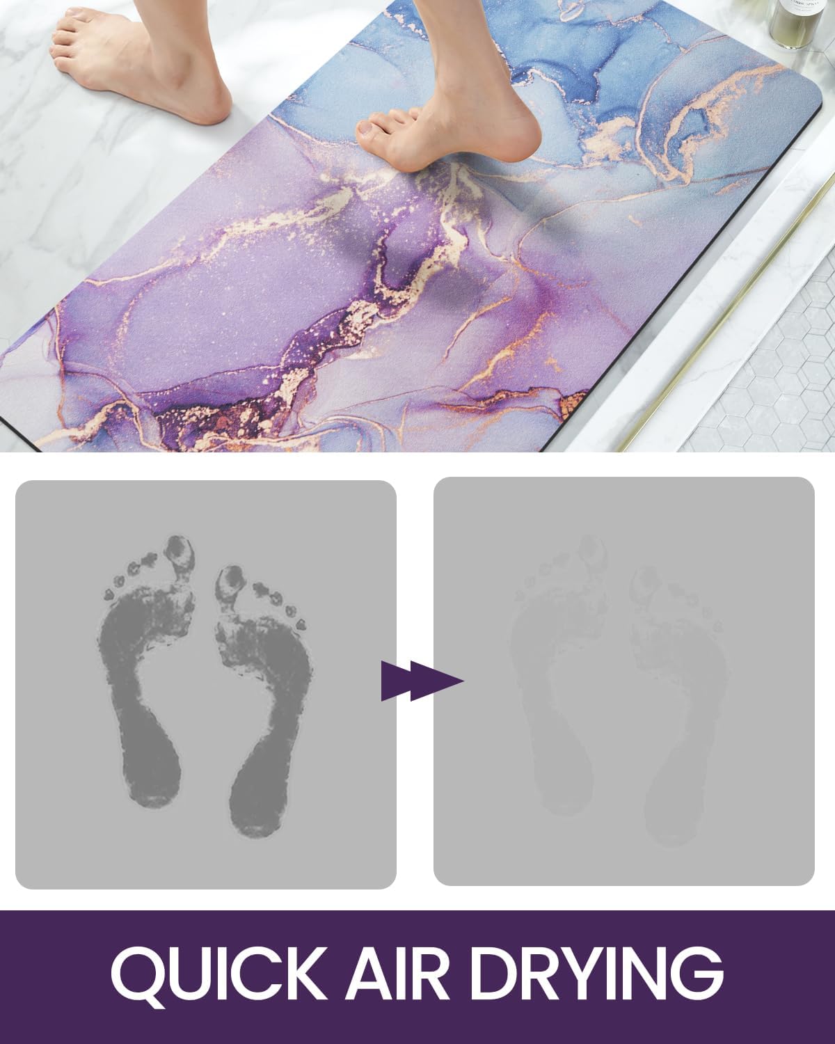 DEXI Bathroom Mat Ultra Thin, Non Slip Bath Rug for Shower Floor, Absorbent Quick Dry Marble Bathmats Low Profile, 17x43, Blue and Purple