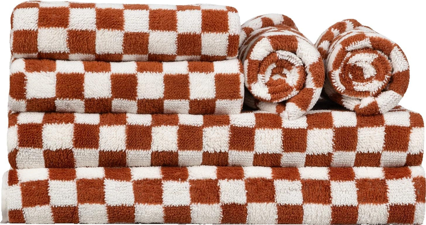 Checkered Bath Towels Set of 6 Large, Microfiber Shower Towels * 2 (55.12"*27.56"), Hand Towels * 4 (29.52"*13.77"),Towels for Bathroom、Pool、Hotel, Spa, Soft Absorbent Quick-Dry（Red