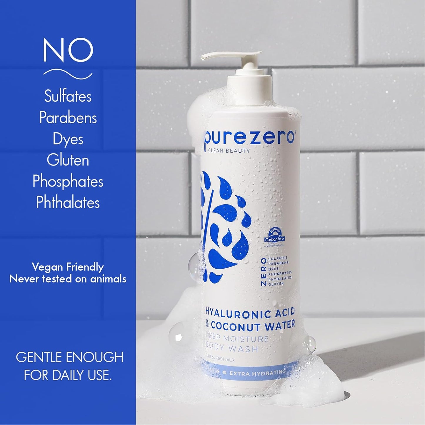 Purezero Hyaluronic Body Wash Deep Moisturizer - Soft Skin Hydration - Moisturizing Skin Cleanser + Coconut Water - No Sulfates, Parabens, Dyes (1 Pack)