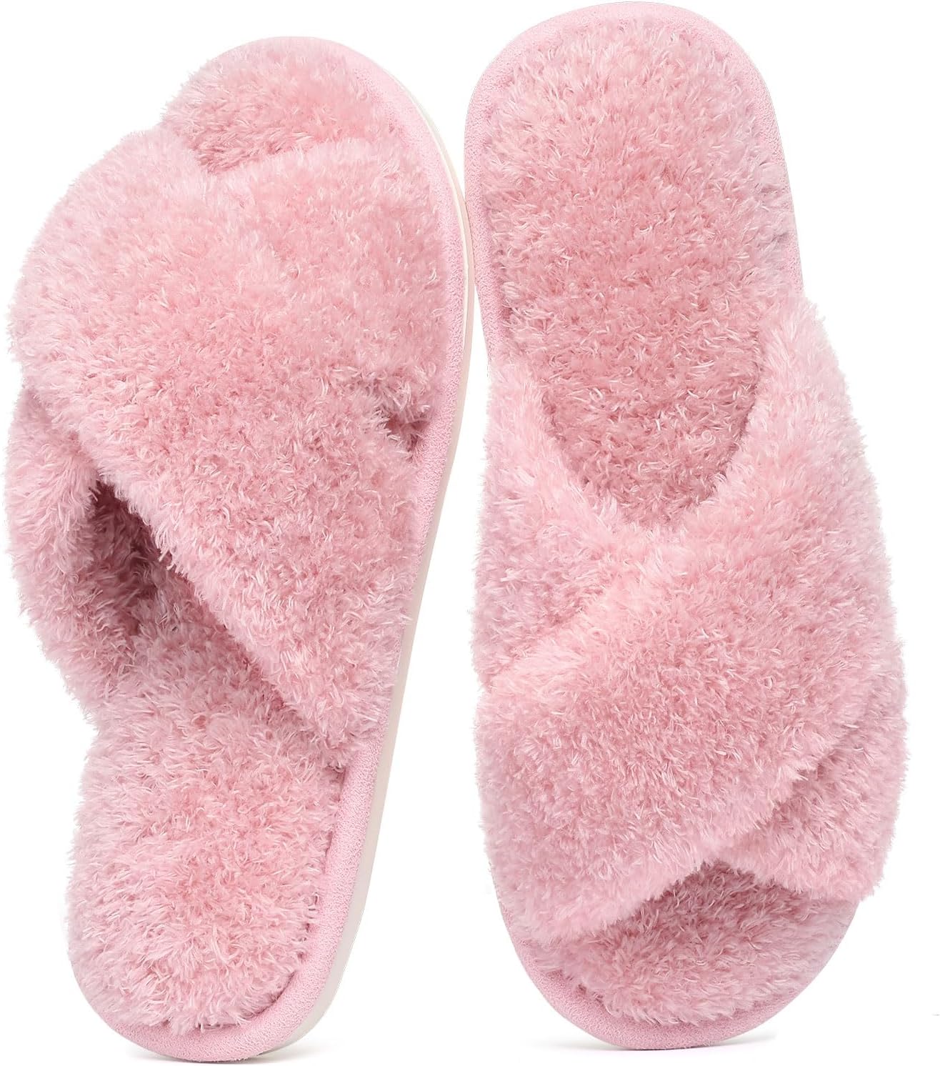 Evshine Women's Fuzzy Slippers Cross Band Memory Foam House Slippers Open Toe