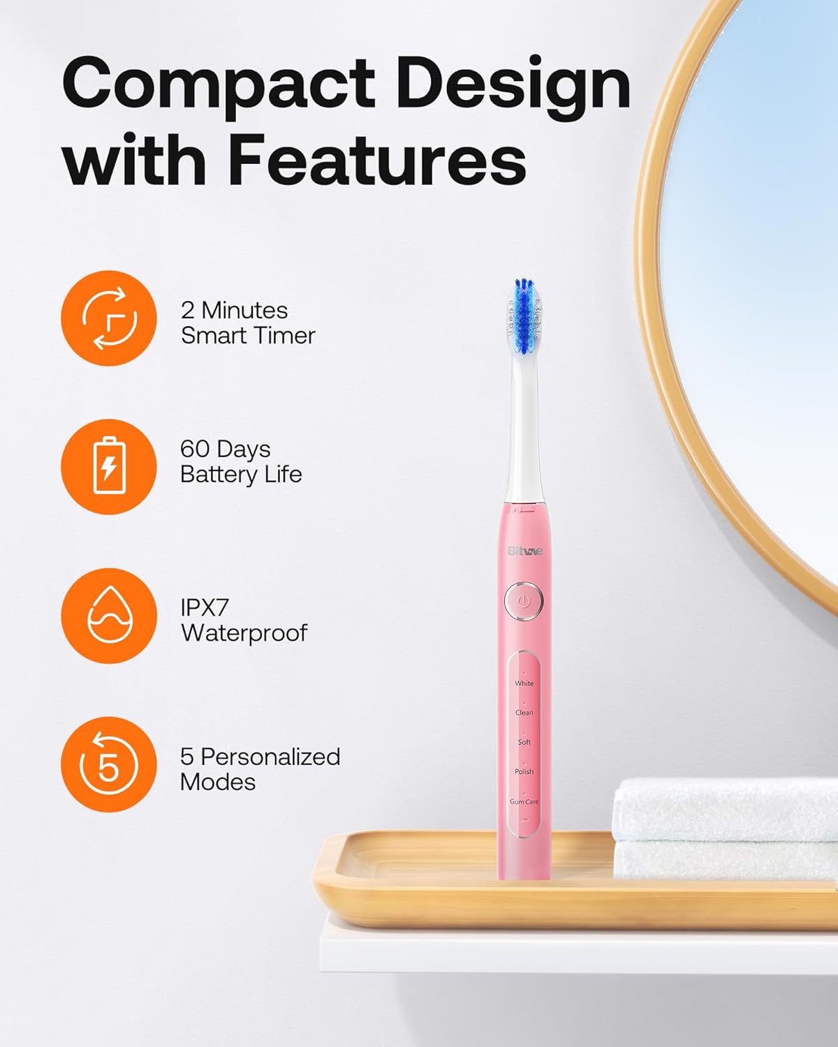 Bitvae Ultrasonic Electric Toothbrush for Adults and Kids, ADA Accepted Travel Electric Toothbrush with Rechargeable 60-Day Battery Life, 8 Heads, 5 Modes, Case/Holder, Quartz Pink