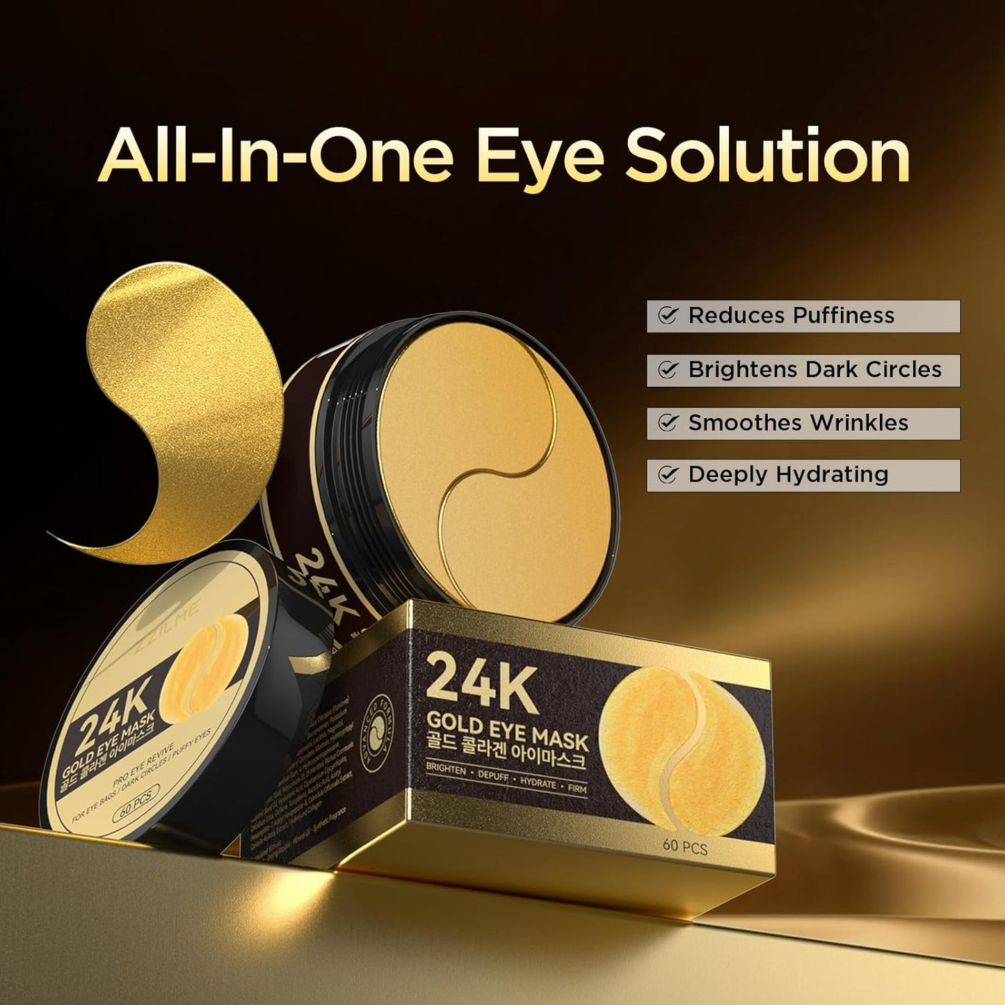 24k Gold Under Eye Patches - Firming, Glowing & Hydrating Hydrogel Mask for Puffy Eyes, Dark Circles, Wrinkles, Eye Bags Treatment, Gifts for Women and Men, 60Pcs Black