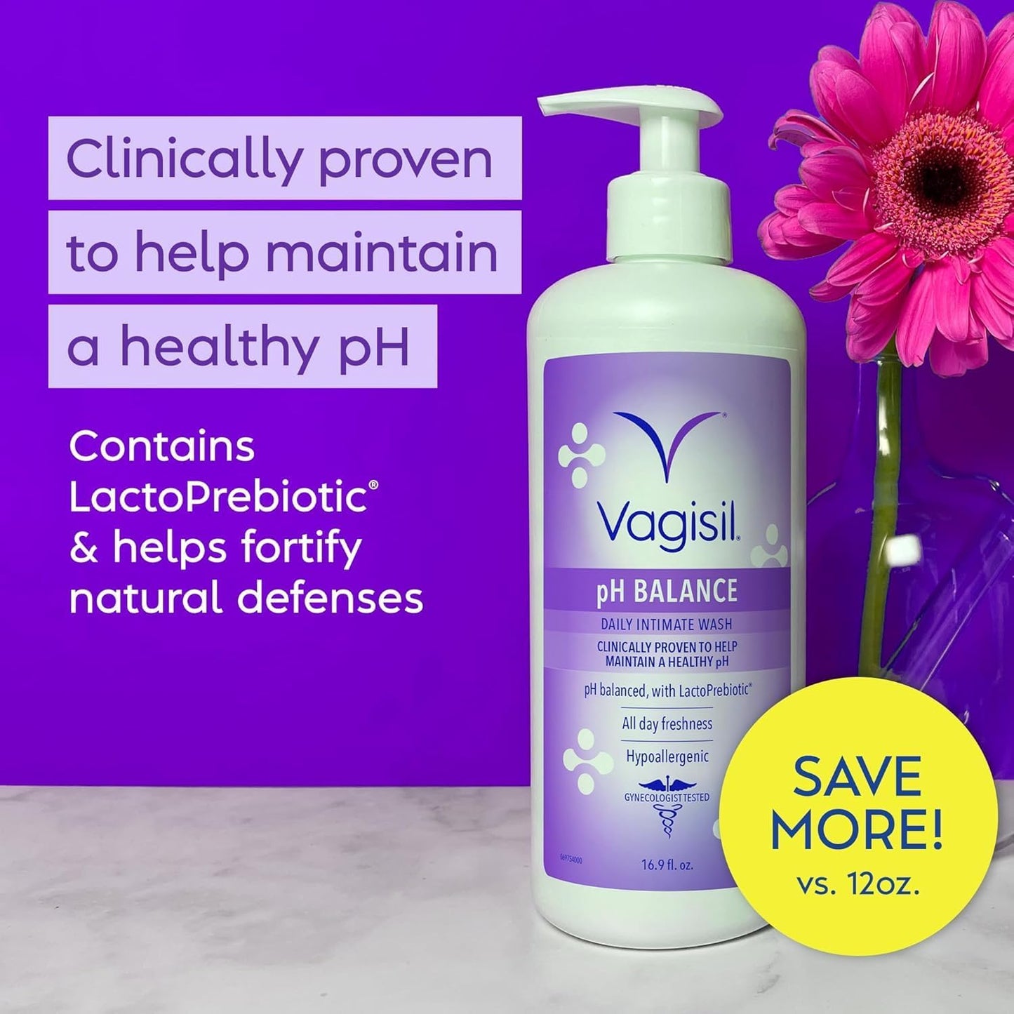 Vagisil Feminine Wash for Intimate Area Hygiene, pH Balance, Gynecologist Tested, Hypoallergenic, 16.9 oz with Pump (Pack of 2)