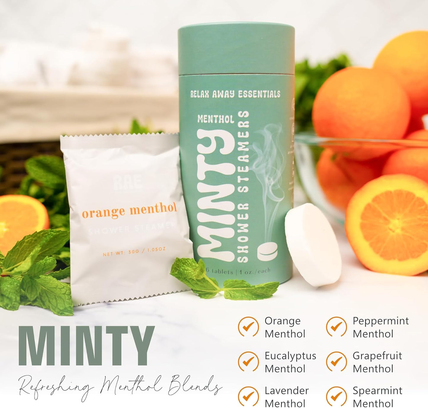 Relax Away Minty Shower Steamers 6 Pack - Menthol Infused Aromatherapy - Refreshing Orange, Eucalyptus, Lavender, Peppermint, Grapefruit, Spearmint - Relieve Stress & Soothe Sinuses