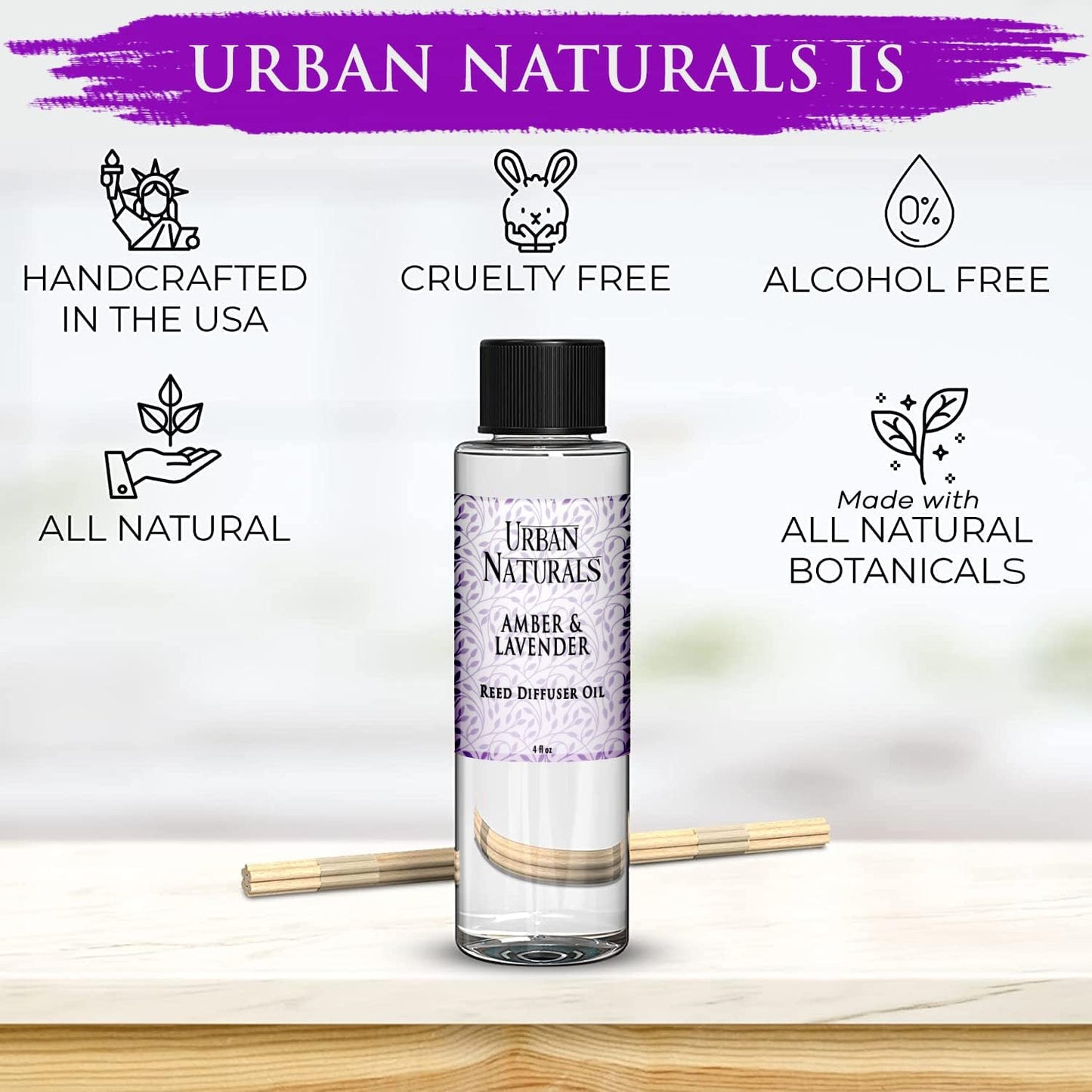 Urban Naturals Reed Diffuser Oil Refill Amber & Lavender, Soothing Lavender, Warm Amber, Calming Room Scent, 4 oz + Free Reed Sticks, Made in The USA
