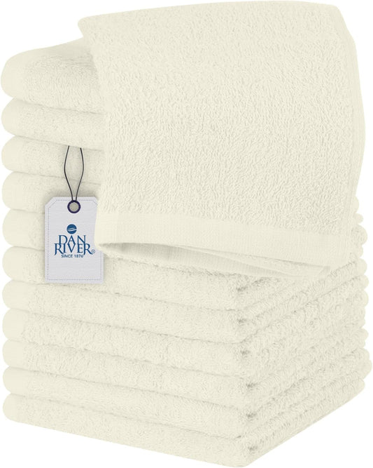 DAN RIVER 100% Cotton Wash Cloths 12 Pack [12x12] Soft & Absorbent Body wash Cloths, Gym, Hotels & Spa Perfect for Everyday Use Fingertip Towels, Ivory
