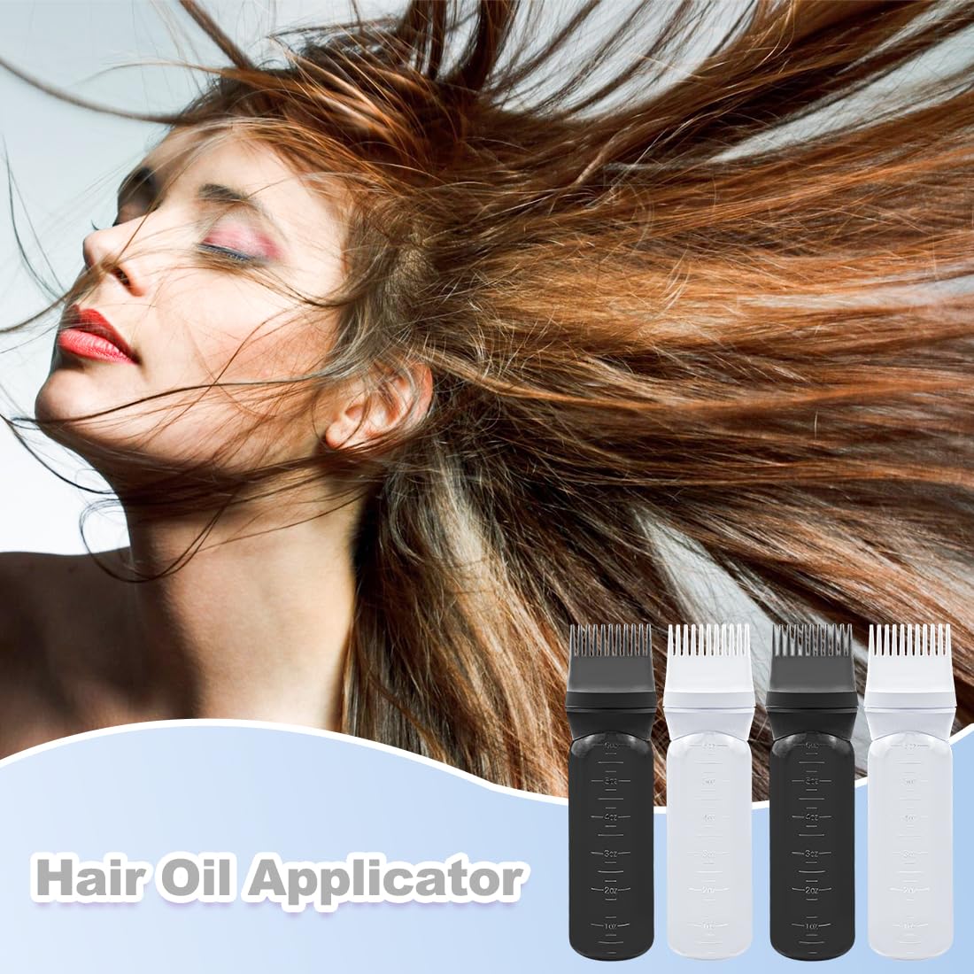 ELANE 4 Pcs Root Comb Applicator Bottle, 6oz, Hair Oil Applicator Bottle for Hair, Salon, Home, Travel (Black+White)