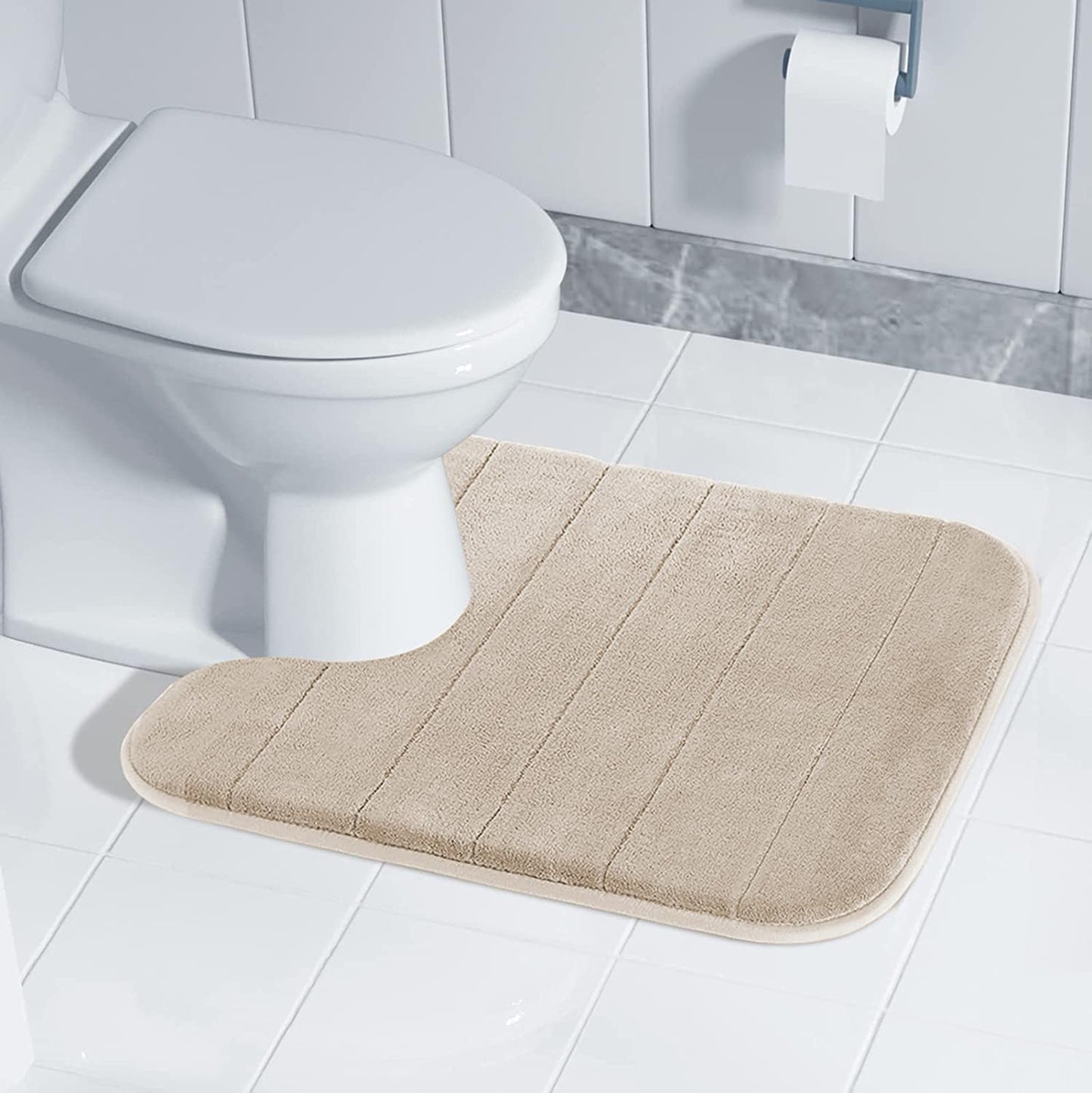 Yimobra Memory Foam Toilet Bath Mat U-Shaped, Soft and Comfortable, Super Water Absorption, Non-Slip, Thick, Machine Wash and Easier to Dry for Bathroom Commode Contour Rug, 24 X 20 Inches, Beige