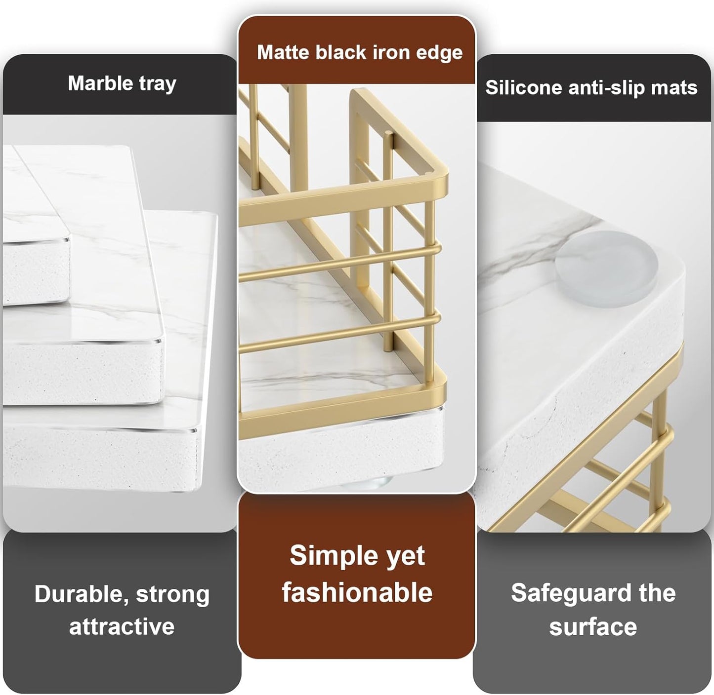 Wican Marble Guest Towel Holder Tray for Bathroom, Napkins Holder for Powder Room Dinning Table Wooden Basket for Disposable Paper Hand Towels Gold and Marble White