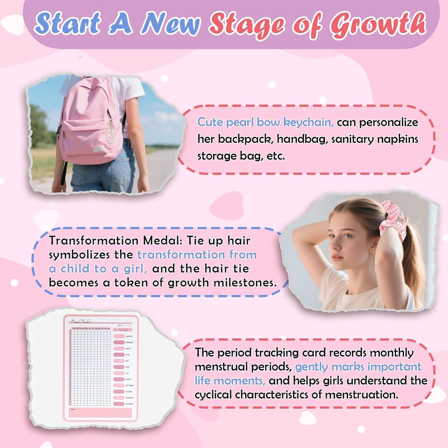 Desing Wish 22 PCS First Period Starter Kit Gift for Teen Girls Period Bags for Teen Tweens Girls with Sanitary Pad Storage Bag, Wipes, Menstrual Tracker, Disposal Pouches and More (Pink Floral)