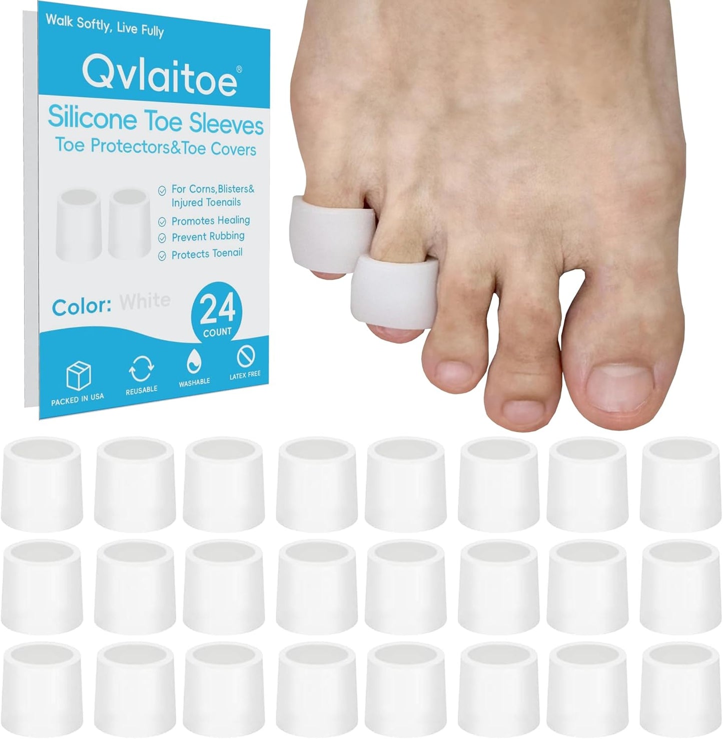 Silicone Toe Sleeves, 24 Count Pinky Toe Protector for Pain Relief, Gel Toe Covers for Blisters, Corn, Bunion, Hammer Toes, Overlapping Toes, Toenails Loss (White)