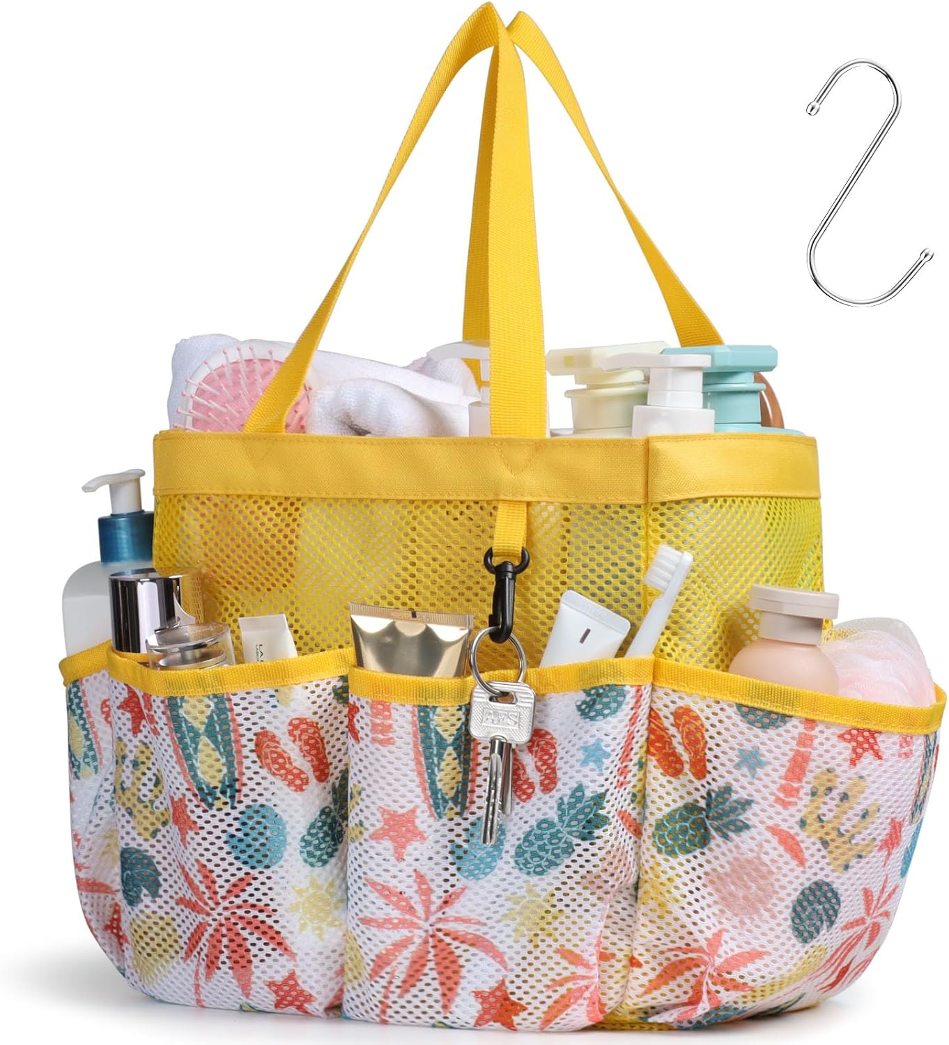 F-color Shower Caddy Portable - Mesh Shower Bag Basket Tote for College Dorm Room Essentials Bathroom Gym Camp Quick Dry for Women Men with S Hook, Yellow Beach