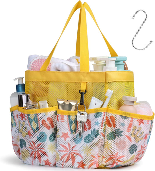 F-color Shower Caddy Portable - Mesh Shower Bag Basket Tote for College Dorm Room Essentials Bathroom Gym Camp Quick Dry for Women Men with S Hook, Yellow Beach