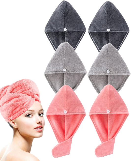 6 Pack Microfiber Hair Towel Wrap for Women,Super Absorbent Quick Dry Lightweight Turban with Button Anti Frizz Fast Drying for Straight Curly Hair