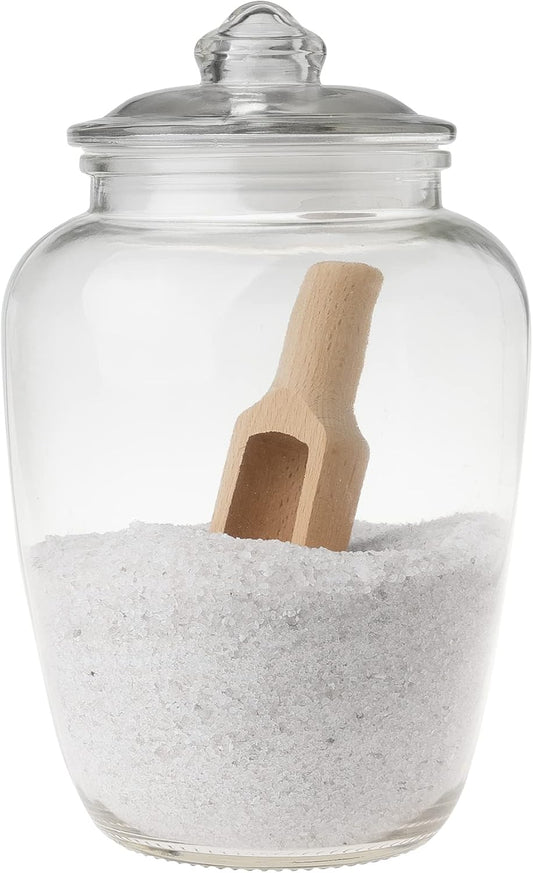 Glass Jar with Wooden Scoop for Bath Salt, Container With Airtight Lid Holds 74 oz of Bath Salt Epsom Salt, Laundry, Flour Multi Use