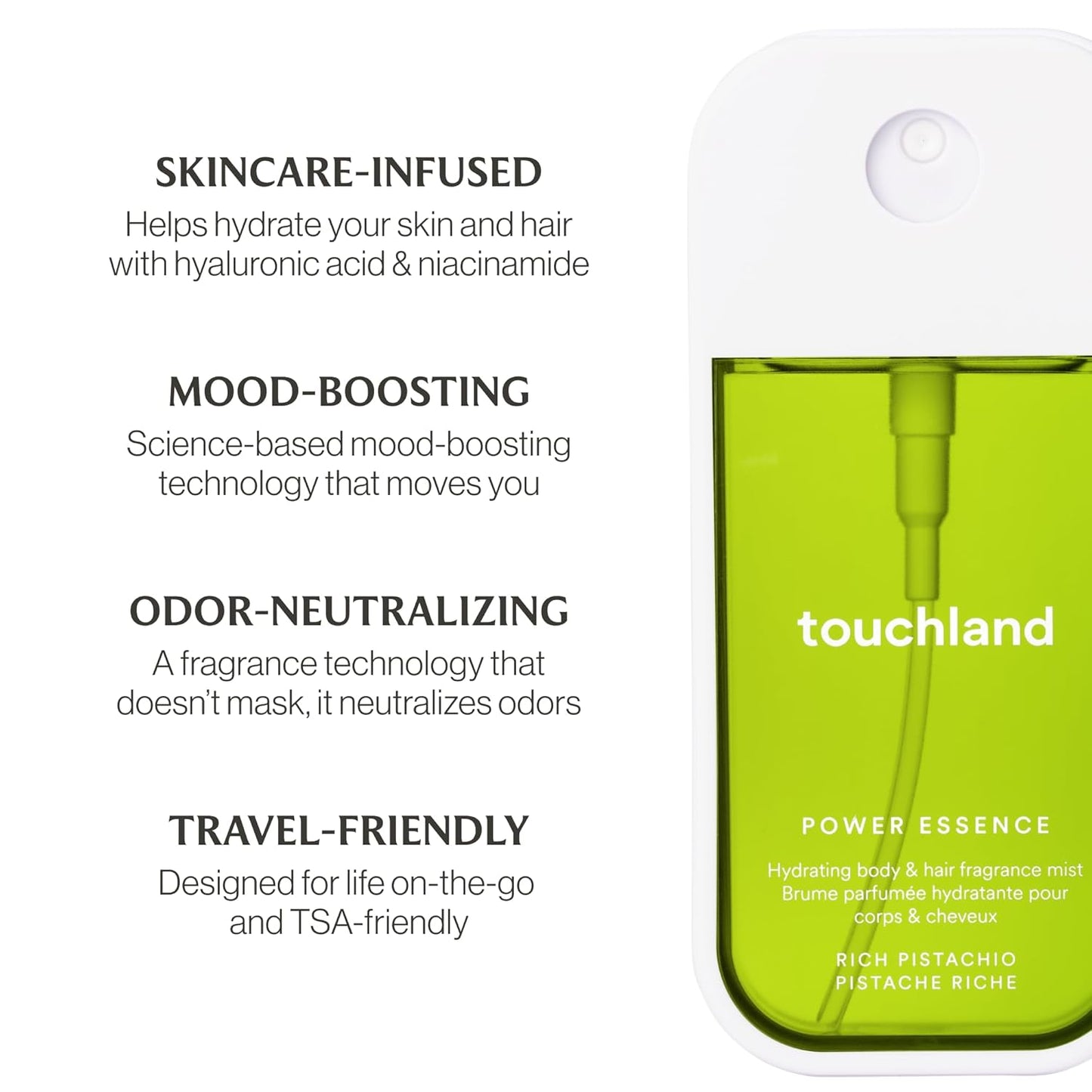 Touchland Power Essence Hydrating Body & Hair Fragrance, Rich Pistachio, 2 FL. OZ. Travel Size Body Mist