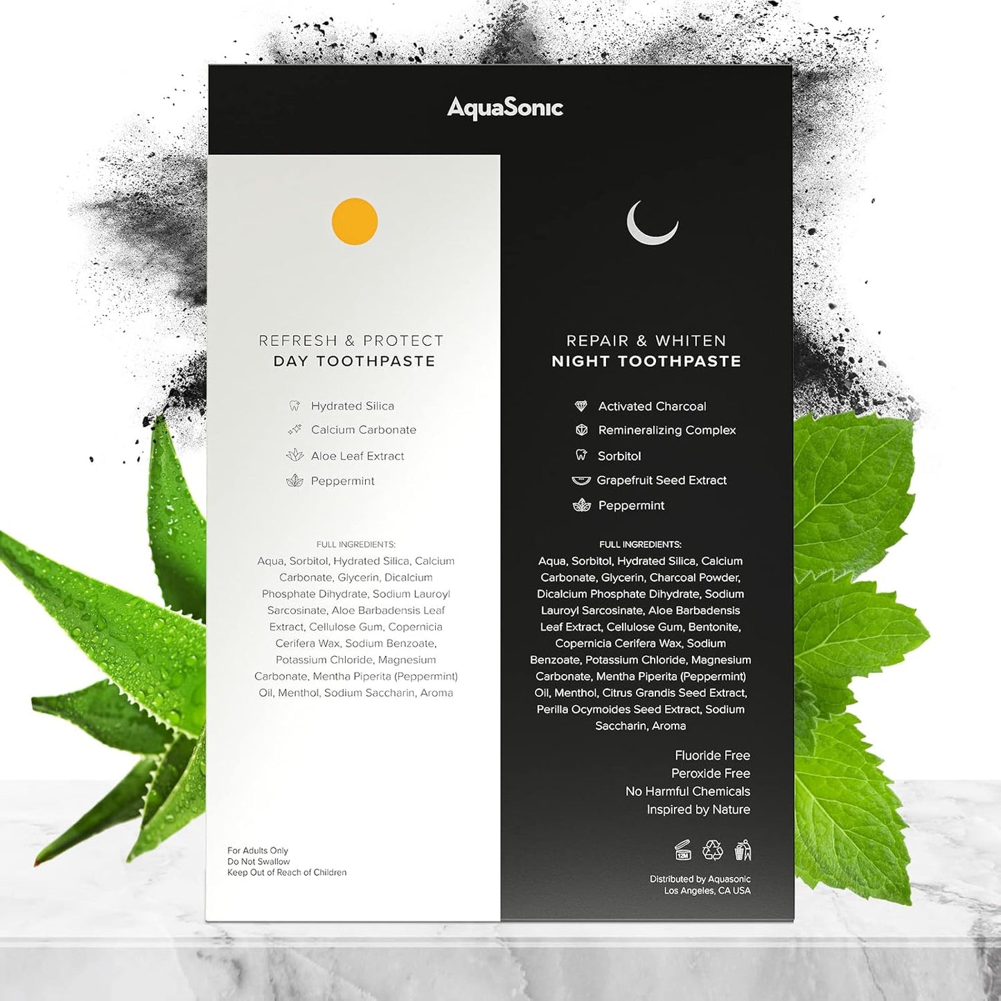 AquaSonic Complete Care Toothpaste - Refresh & Protect Day, Repair & Whiten Night - Fluoride Free Natural, Anti-cavity, Anti-plaque, Reharden, Strengthen, Whiten, Detoxify