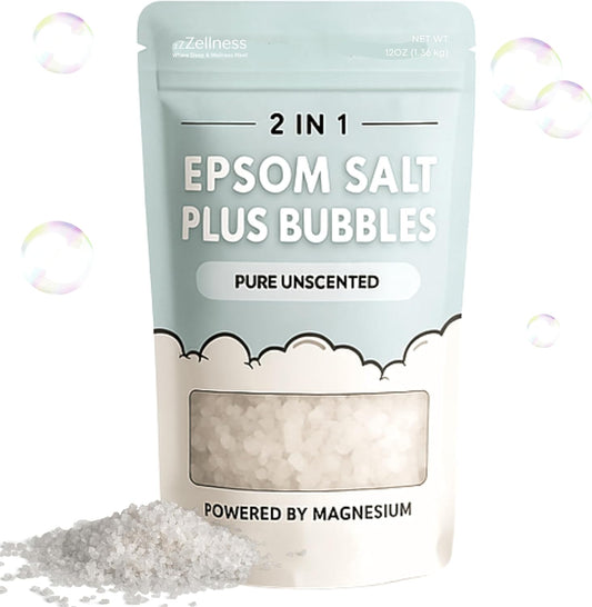 Epsom Salt Plus Bubbles – Pure Unscented Foaming Bath Soak – Magnesium Sulfate for Muscle Recovery, Stress Relief & Relaxation – Great for Aromatherapy – 12 oz