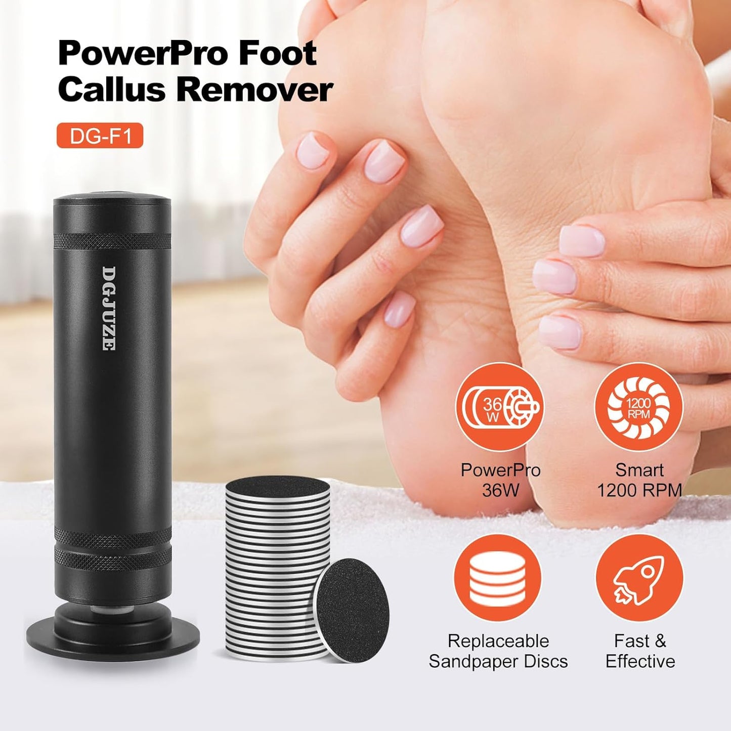 PowerPro Electric Foot Callus Remover,36W Professional 1200rpm Heavy Duty Metal Grinder for Dead Skin Automatic Foot Sander with 60pcs Sandpaper Pads for Home Use Pedicure (Black)