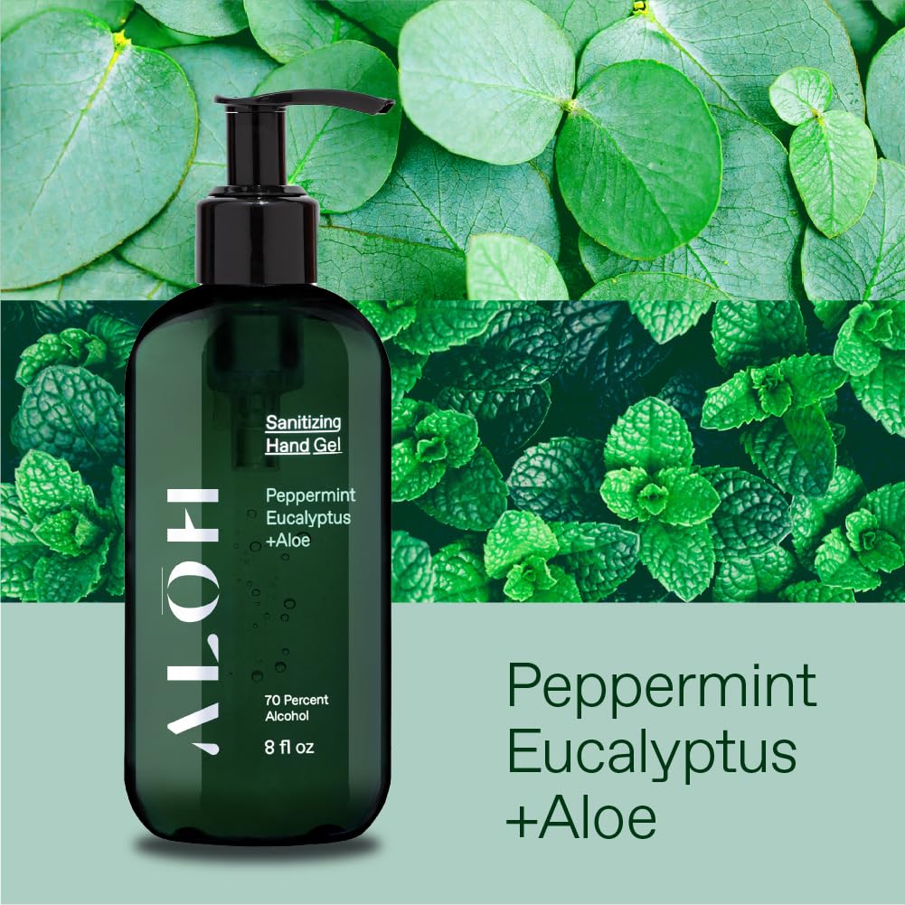 ALŌH Sanitizing Hand Gel 2-pack | Peppermint Eucalyptus + Aloe | 70% Alcohol Hydrating Hand Sanitizer Gel with Essential Oil, for Kids & Adults | 8oz Bottle (Set of 2)
