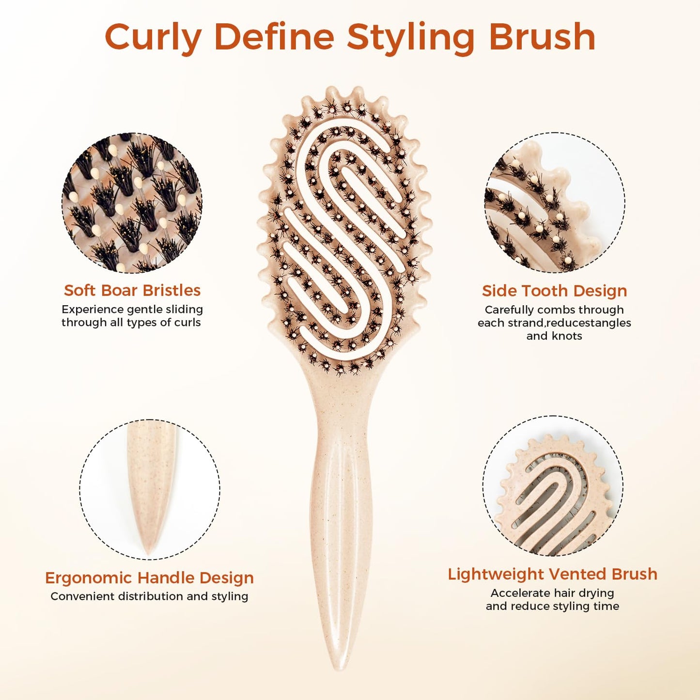 Curly Hair Brush, Curl Defining Brush with Soft Boar Bristles for Combing, Shaping, and Styling Curly Hair Suitable for All Women and Men with Wet & Dry Hair(Wheat)