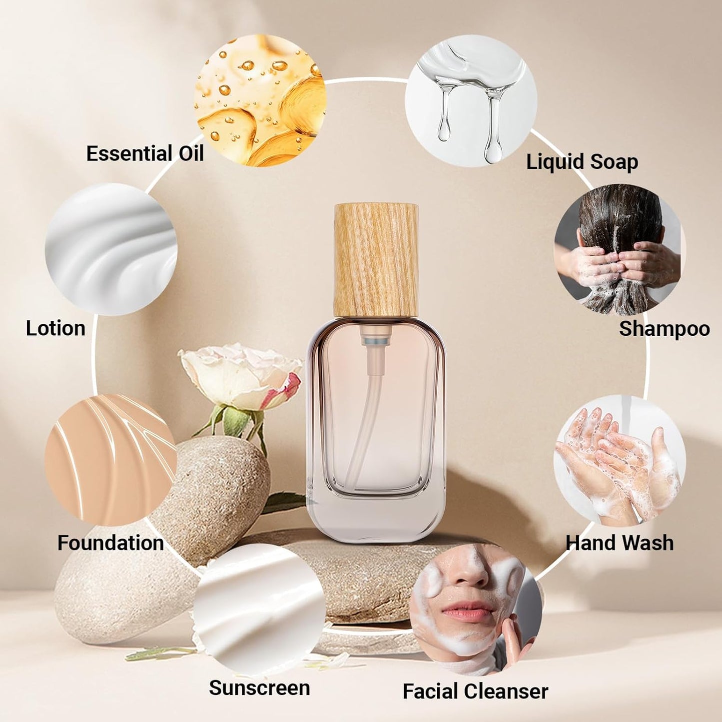 Segbeauty 1oz Empty Glass Lotion Dispenser with Pump, 2pcs Mini Refillable Travel Pump Bottles for Lotions, 30ml Travel Liquid Containers for Oils, Gray Brown Small Travel Size Containers for Creams