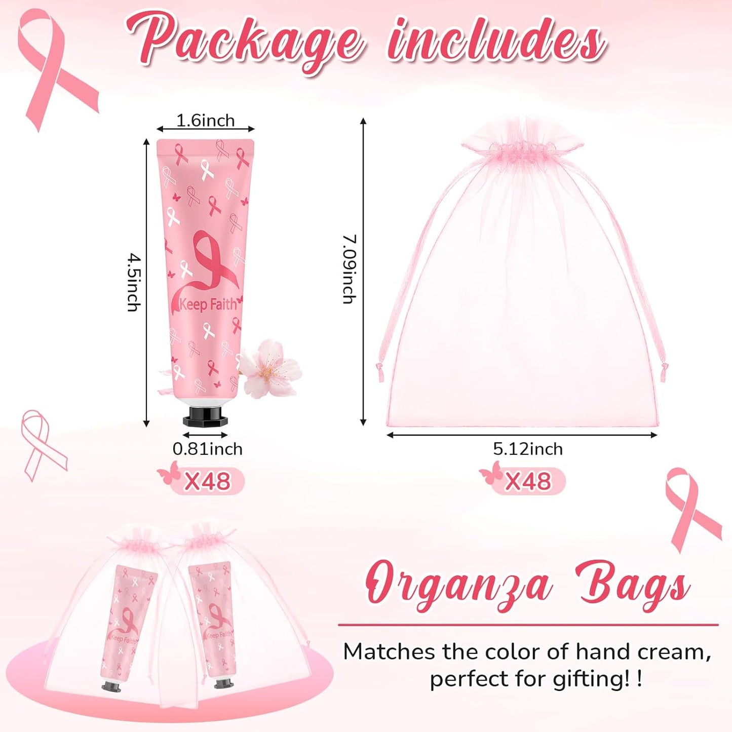 48 Sets Breast Cancer Awareness Pink Ribbon Hand Cream Gifts Bulk Baby Shower Hand Cream Travel Size Lotion Bulk Fall Thanksgiving Party Supplies Favors Birthday Wedding for Guest