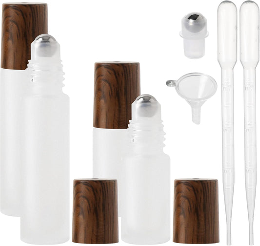Essential Oil Roller Bottles, 4PCS (10ml & 5ml) Glass Perfume Roller Bottles with Funnel Opener and Dropper Beauty and Personal Care Tools (White-brown cover, 4 Packs)
